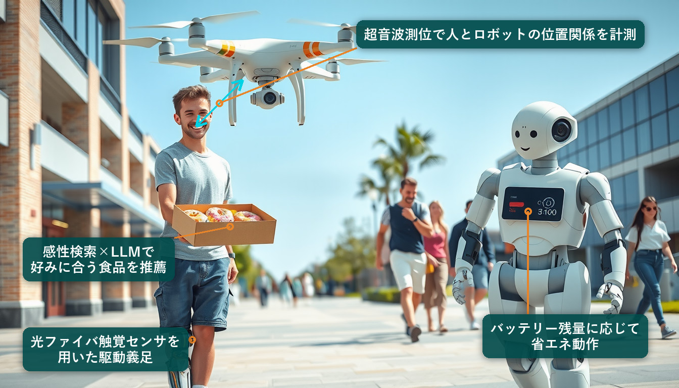 研究内容：超音波測位による人とロボットの位置計測，感性検索×LLMによる食品推薦，光ファイバ触覚センサを用いた駆動義足，バッテリー残量に応じた省エネ動作
